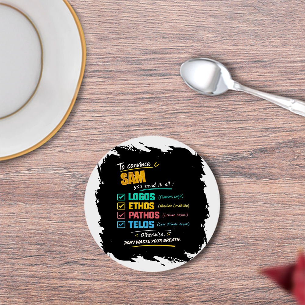 Coasters | 3mm MDF Board | Super Glossy Finish, Durable | Unisex | Personalized | Typography | Rhetoric | Persuasion | Confident | The Persuasion Formula - front - White - mockup 1
