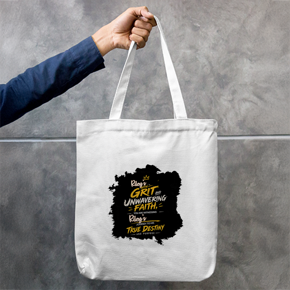 Tote Bag Zipper | Unisex | 100% Cotton Canvas | Zipper Closure, Long Handles | Everyday Use | Personalized | Typography | Ambition | Inner Strength | Everyday | Uplifting | Grit, Faith & Destiny - front - mockup 1