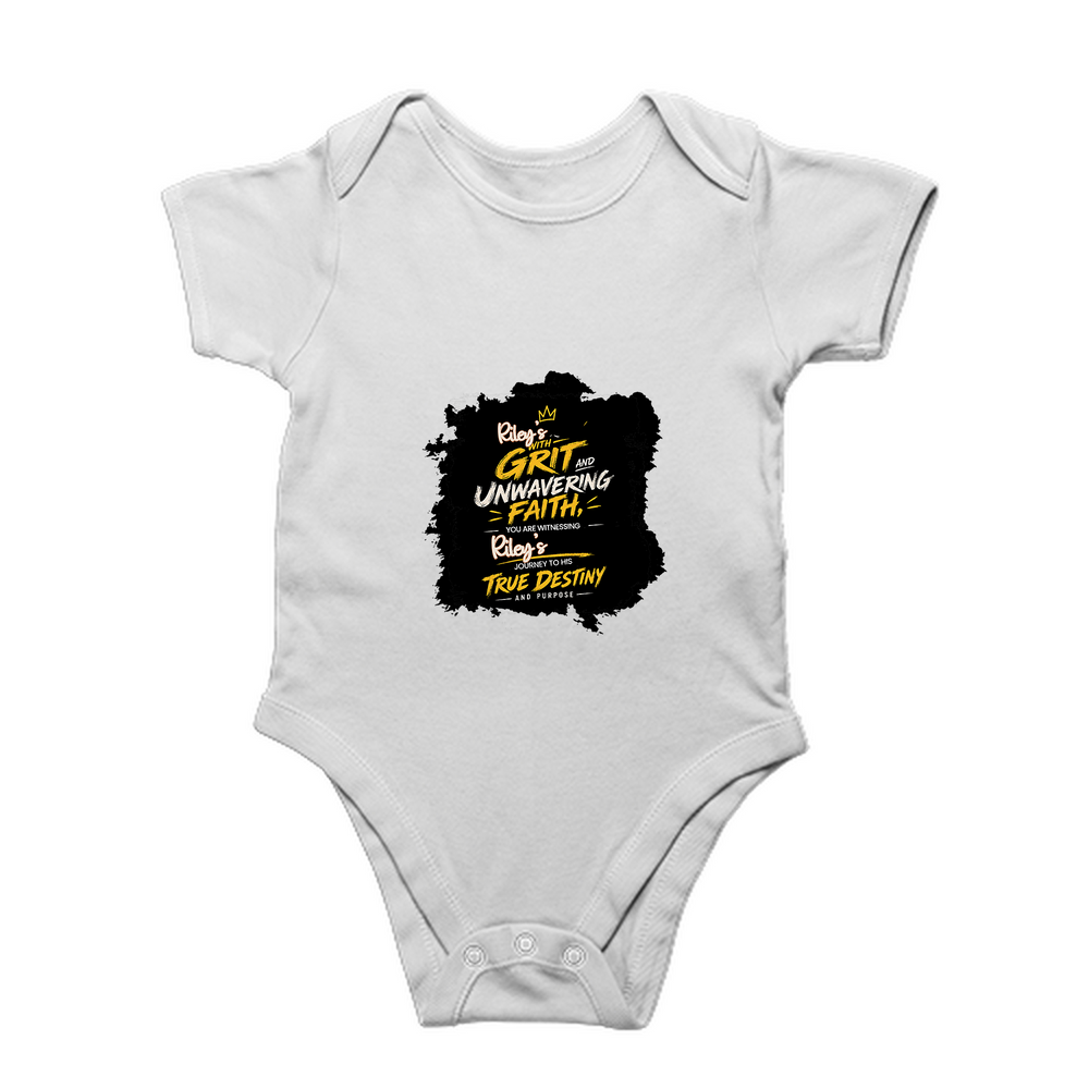 Baby Romper | 0-12 Months | 180 GSM Bio-Washed Cotton | Double-Stitched, Pre-Shrunk | Unisex | Personalized | Typography | Ambition | Inner Strength | Everyday | Uplifting | Grit, Faith & Destiny - front - White - mockup 1