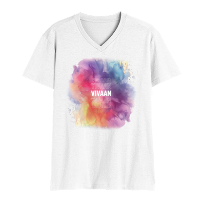 Personalized Male V Neck T-Shirt - Abstract with Custom Name -DTG Print - White image 1
