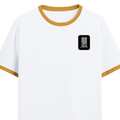 Ringer T-shirt | Unisex Regular Fit | 100% Cotton DTF/DTG | Contrast Rib Neck Bio Washed Pre-Shrunk | Adults | Typographic | Determination | Everyday - left pocket - Mustard yellow off white - mockup 3