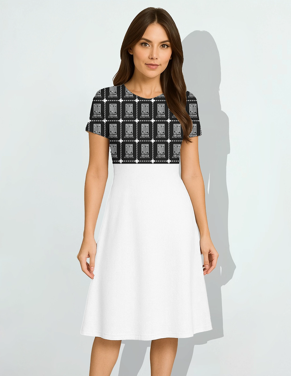 Female A-Line Dress | Women's XS-XXL | Poly Spandex | All-Over Sublimation, Stretchable, Wrinkle-Free, Fade-Resistant | Typographic | Determination - front - White - mockup 1