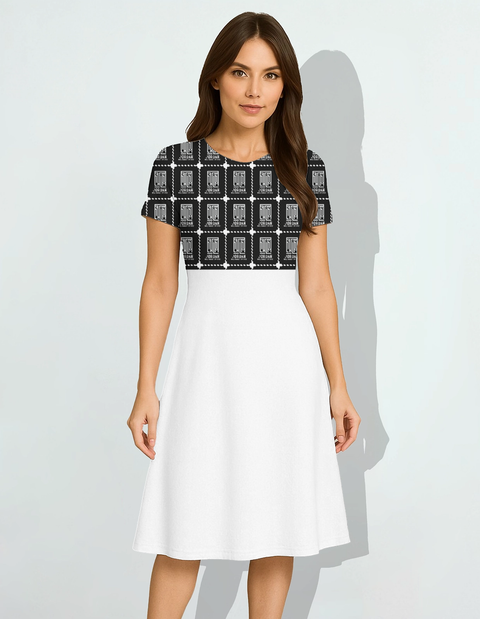 Female A-Line Dress | Women's XS-XXL | Poly Spandex | All-Over Sublimation, Stretchable, Wrinkle-Free, Fade-Resistant | Typographic | Determination - front - White - mockup 1