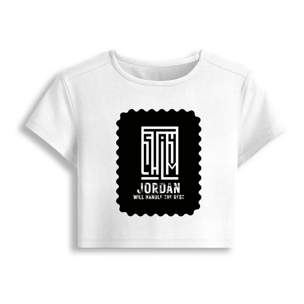 Female Baby Tee | Cropped Fitted | 95% Cotton 5% Spandex | Embroidery Ready | Pre-Shrunk, Stretchable, Breathable | Women's | Typographic - front - White - mockup 1