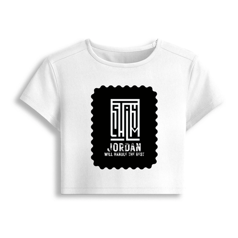 Female Baby Tee | Cropped Fitted | 95% Cotton 5% Spandex | Embroidery Ready | Pre-Shrunk, Stretchable, Breathable | Women's | Typographic - front - White - mockup 1