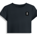 Female Baby Tee | Cropped Fitted | 95% Cotton 5% Spandex | Embroidery Ready | Pre-Shrunk, Stretchable, Breathable | Women's | Typographic - left pocket - Navy Blue - mockup 3