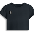 Female Baby Tee | Cropped Fitted | 95% Cotton 5% Spandex | Embroidery Ready | Pre-Shrunk, Stretchable, Breathable | Women's | Typographic - right pocket - Navy Blue - mockup 4