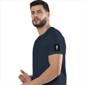 Basic T-Shirt | Unisex Fit, Sizes XS-2XL | 180 GSM Poly-Cotton Blend, DTF Ready | Bio-Wash, Silicon Finish, Durable Stitching | Adults | Typographic - left sleeve - Navy melange - mockup 5