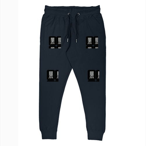 Joggers | Regular Fit Unisex | 260 GSM Fleece Embroidery | Derby Rib & Pockets | Typographic | Determination | Everyday | Confident - left pocket - Navy Blue - mockup 1