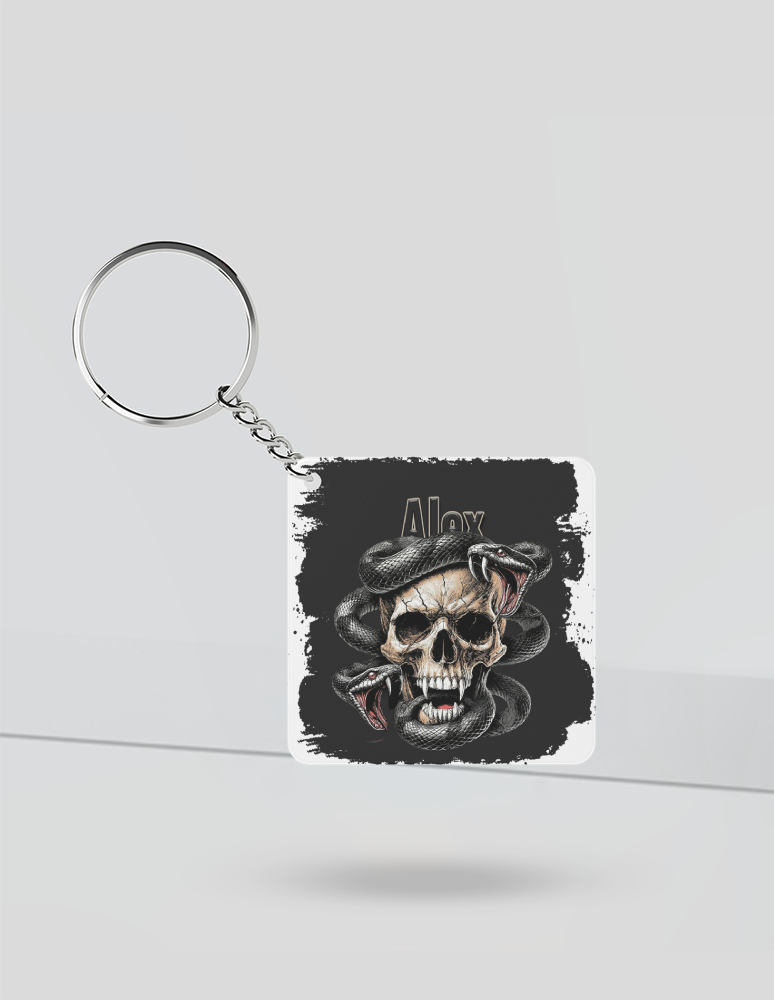 Keychain | Rectangle, Square, Slim Options | Acrylic UV Printed | Fade-Proof, Glossy Finish | Unisex | Personalized | Dark | Skulls | Snakes | Everyday | Intense - front_Square - Square - White - mockup 1