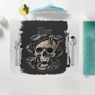 Placemat | Home & Event Dining | 100% Polyester | Durable, Fade-Proof, Soft | Unisex | Personalized | Grunge | Skulls | Snakes | Powerful - front - White - mockup 1