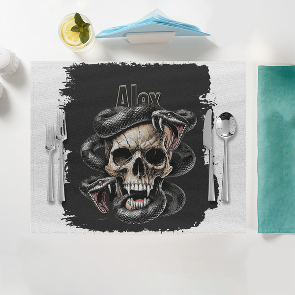 Placemat | Home & Event Dining | 100% Polyester | Durable, Fade-Proof, Soft | Unisex | Personalized | Grunge | Skulls | Snakes | Powerful