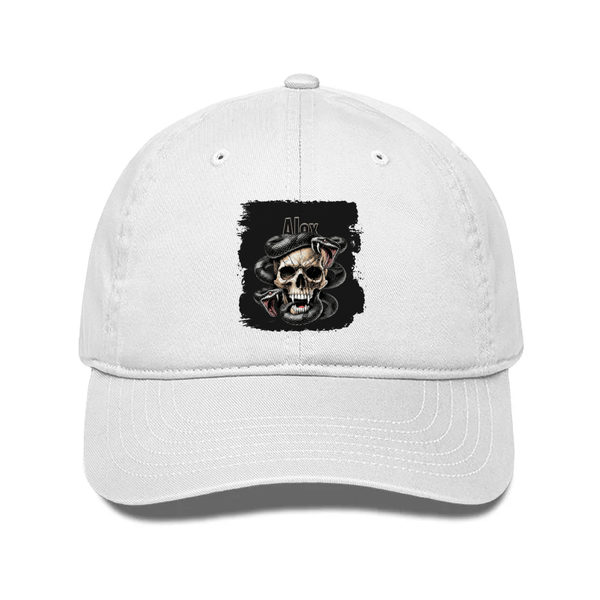 Classic Baseball Cap | Universal Fit | 280 GSM Drill Cotton | DTG Print | Sun Protection | Unisex Adults | Personalized | DTG | Grunge | Skulls | Snakes | Powerful - front - White - mockup 1
