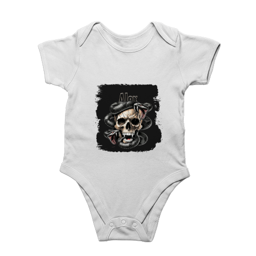 Rompers | Regular Fit Baby & Toddler | Bio-Washed Cotton | Double Stitched, Pre-Shrunk | Unisex | Personalized | DTG | Grunge | Skulls | Snakes | Powerful - front - White - mockup 1