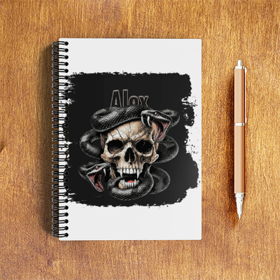 NotePad | A5 Size | Digital Print | 120 Pages | Unisex | Personalized | Grunge | Skulls | Snakes | Powerful - front - White - mockup 1