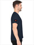 Male V Neck T-Shirt | Regular Fit | 180 GSM Bio-Washed Cotton | DTF Print | Double Stitched, Pre-Shrunk | Men | Personalized | DTF | Bold | Individuality | Rebellion | Everyday | Assertive - left sleeve - Navy Blue - mockup 5