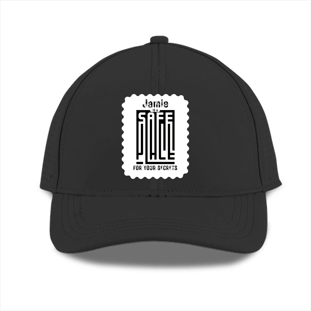 Sports Cap | Unisex | Polyester | Breathable, Adjustable Fit, DTG Printing | All Ages | Personalized | DTG | Typographic | Trust | Secrets | Everyday - front - Black - mockup 1