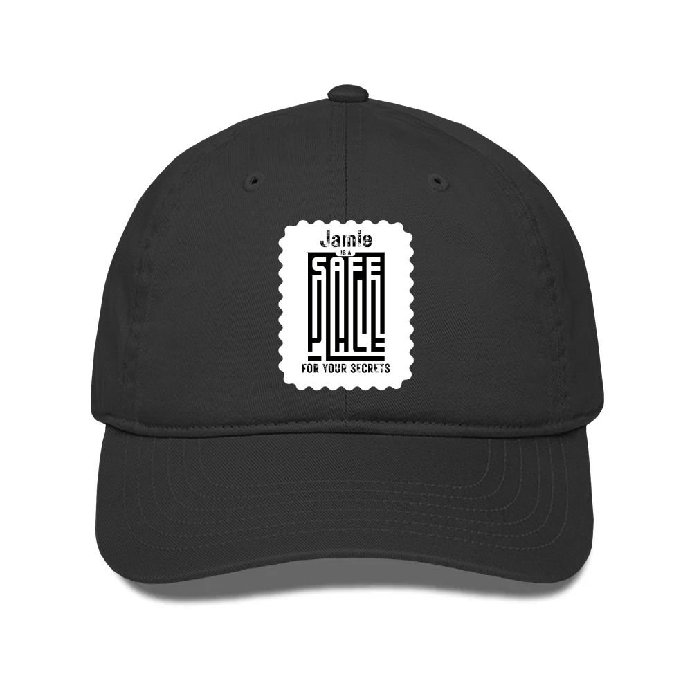 Classic Trucker Cap | Unisex | DTG Print | Breathable Mesh Back | Adjustable Snapback | Personalized | DTG | Typographic | Trust | Secrets | Everyday - front - Black - mockup 1