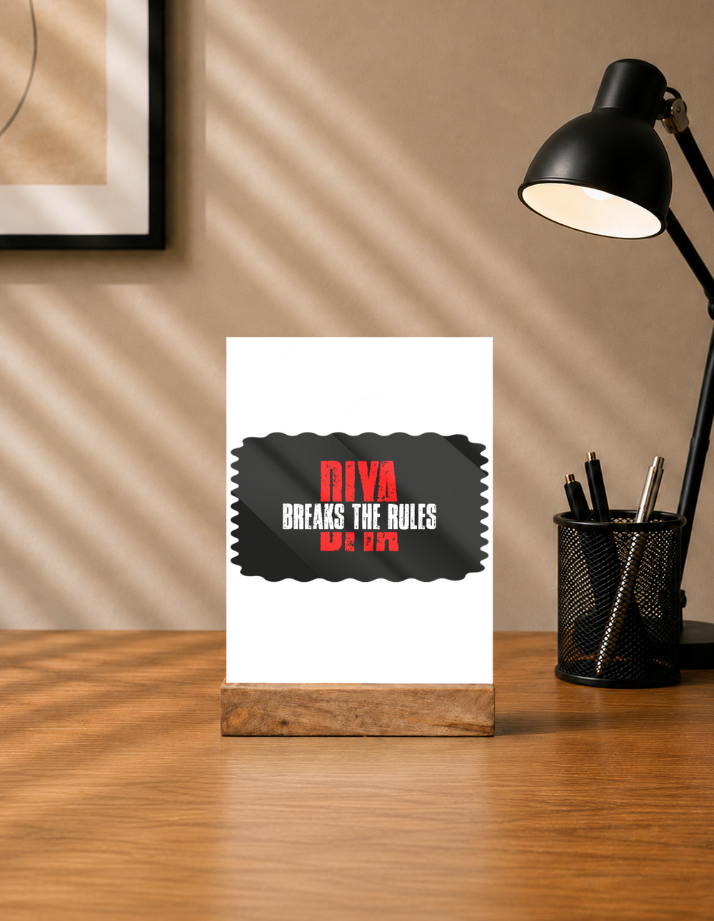 Acrylic Photo Frame | 5x7 Tabletop Display | UV Printed Acrylic & Wood Stand | Personalized Gift & Home Decor | Personalized | Bold | Defiance | Everyday | Assertive | Breaks The Rules - front - mockup 1
