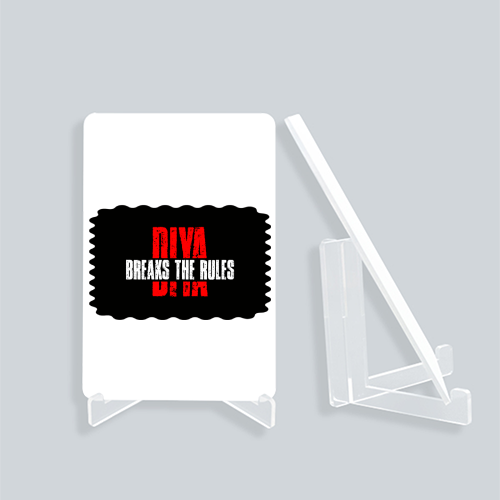 Acrylic Display Stand | 4x6 Inch | Clear Acrylic | UV Printed Tabletop | Customizable | Unisex | Personalized | Bold | Defiance | Everyday | Assertive | Breaks The Rules - front_2 - White - mockup 2