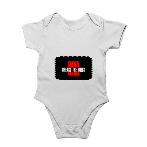 Baby Romper | 0-12 Months Regular Fit | 180 GSM Bio-Washed Cotton Blend | Double Stitched, Pre-Shrunk | Unisex | Personalized | DTF | Bold | Defiance | Everyday | Assertive | Breaks The Rules - front - White - mockup 1