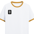 Ringer T-shirt | Unisex Regular Fit | 100% Cotton DTF/DTG | Contrast Rib Neck Bio Washed Pre-Shrunk | Adults | Personalized | DTF | Typographic | Friendship | Companionship | Everyday | Positive - right pocket - Mustard yellow off white - mockup 4