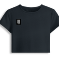 Female Baby Tee | Cropped Fit, Gen Z | 95% Cotton 5% Spandex, DTG | Stretchable, Breathable, Pre-Shrunk | Women | Personalized | DTG | Typographic | Friendship | Companionship | Everyday | Positive - right pocket - Navy Blue - mockup 4